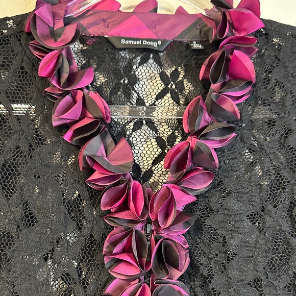 Samuel Dong Black Lace Taffeta Ruffle Zip Front Jacket Top Size S - Picture 3 of 7